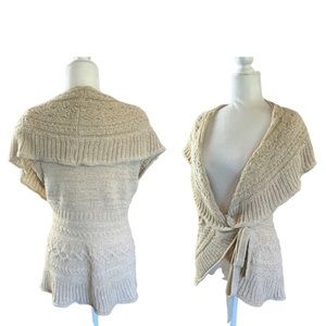 BCBGMAXAZRIA crochet balletcore, coastal grandma Shaw collared cable wrap vest L